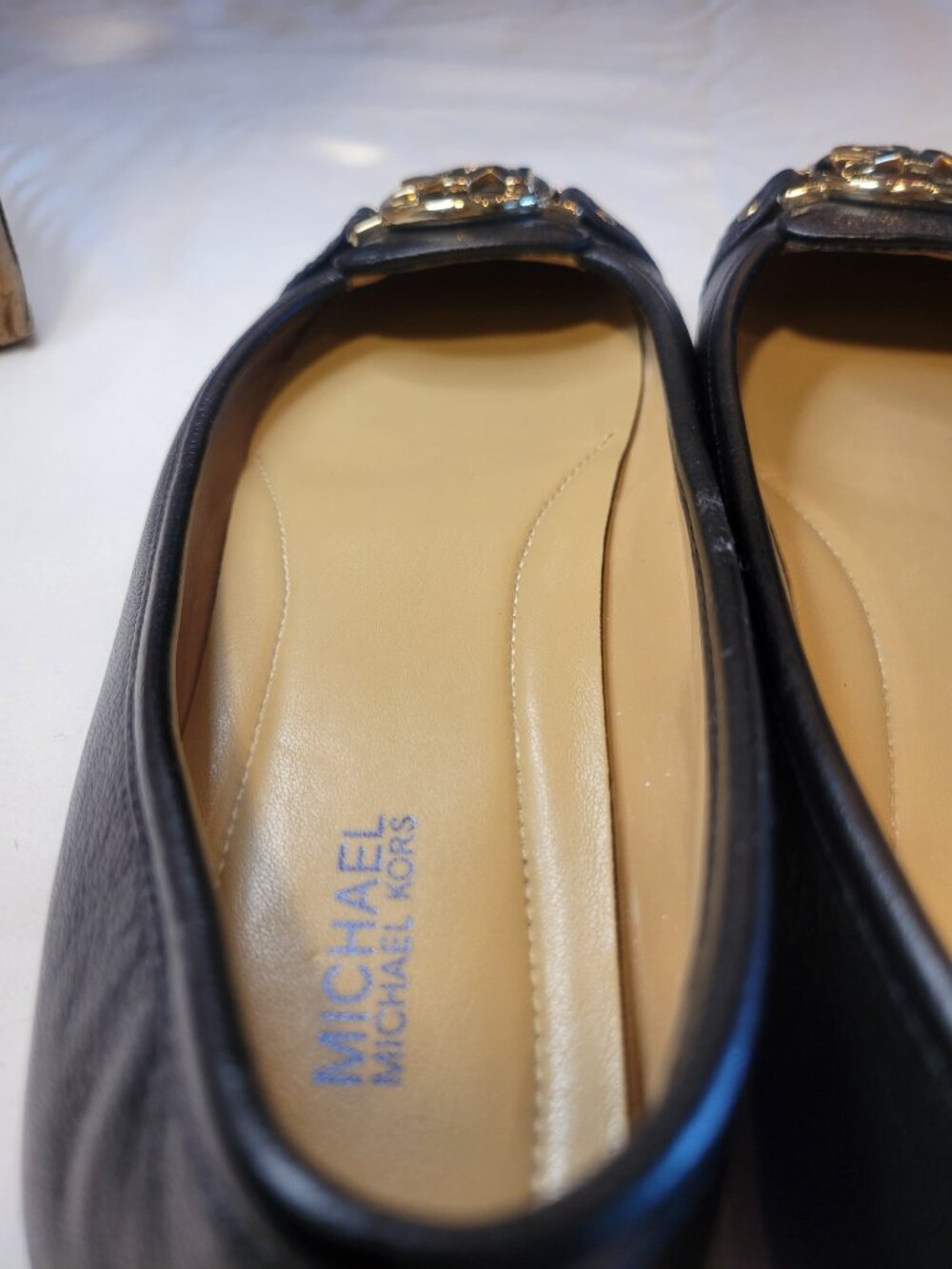 Michael Kors Black Leather Ballet Flats Gold MK Logo Loafers 7M - Picture 9 of 12
